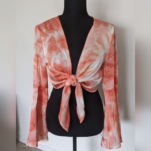 NWT Nasty Gal Coral Long Sleeve Tie Front Cropped Top, size 10
